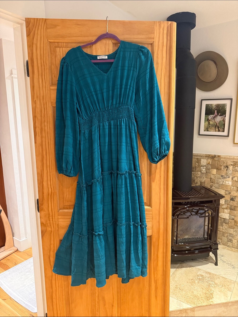 Teal V-Neck Tiered Maxi Dress with Smocked Waist